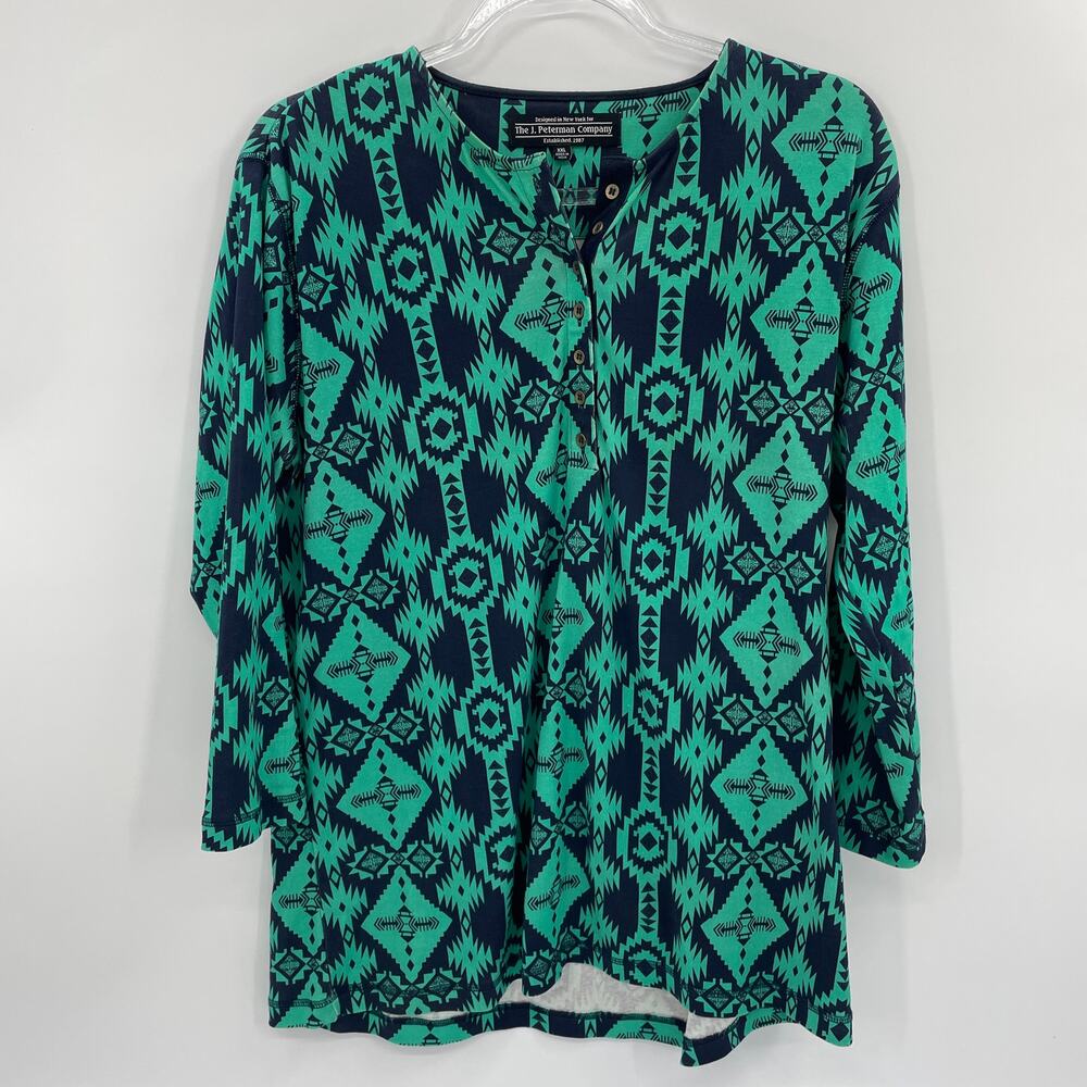 J. PETERMAN Henley Cotton Shirt Womens Size XXL Aztec Southwestern 3/4 Sleeve
